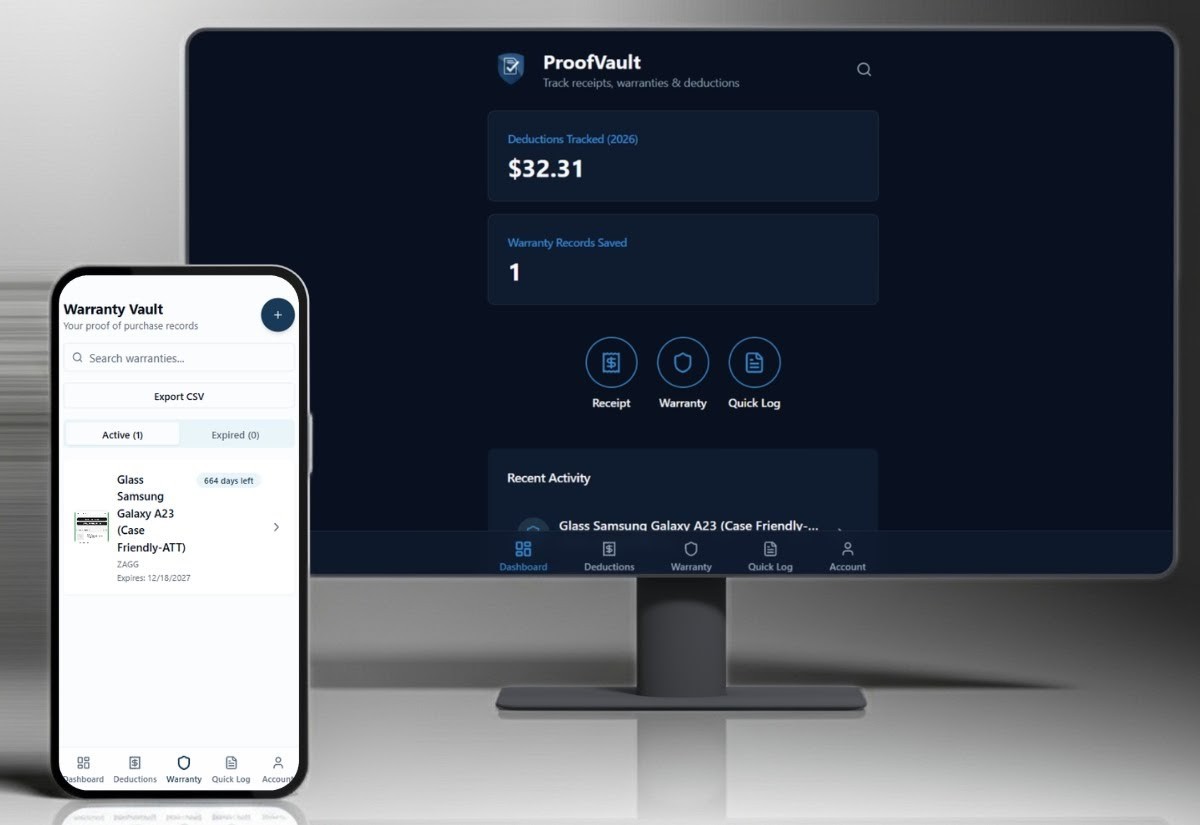 ProofVault app interface showing desktop and mobile views